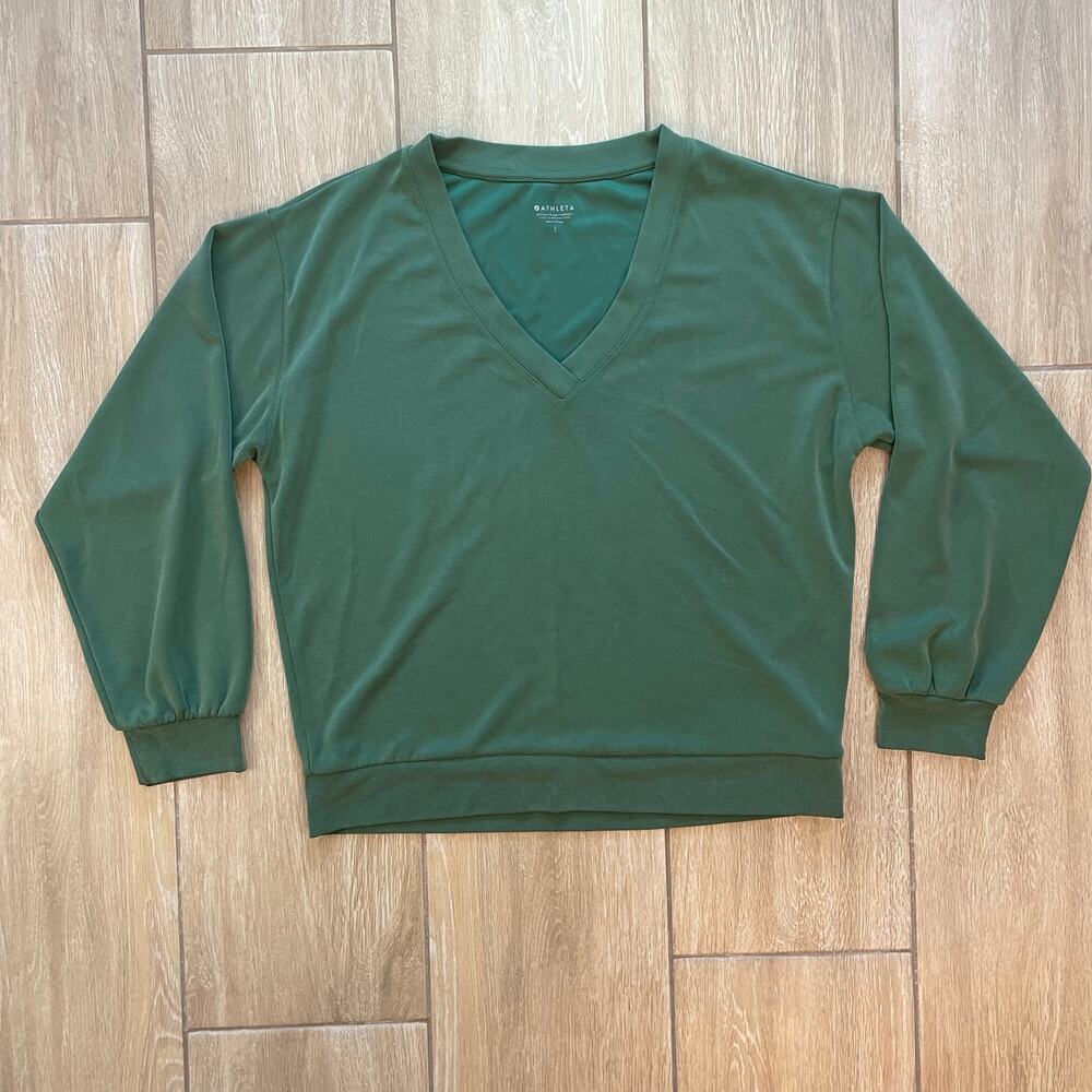 Athleta Willow V Neck Sweatshirt Pullover Women L Green Modal Blend Lounge Top